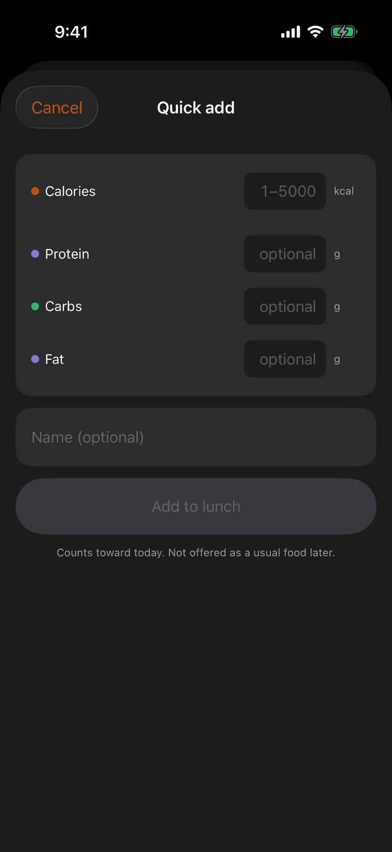 Quick add: calories and a meal slot, nothing else required.