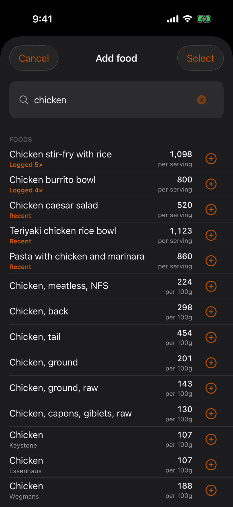 Search for “chicken”: the foods you have logged come first, with how often, then USDA generics and brands.
