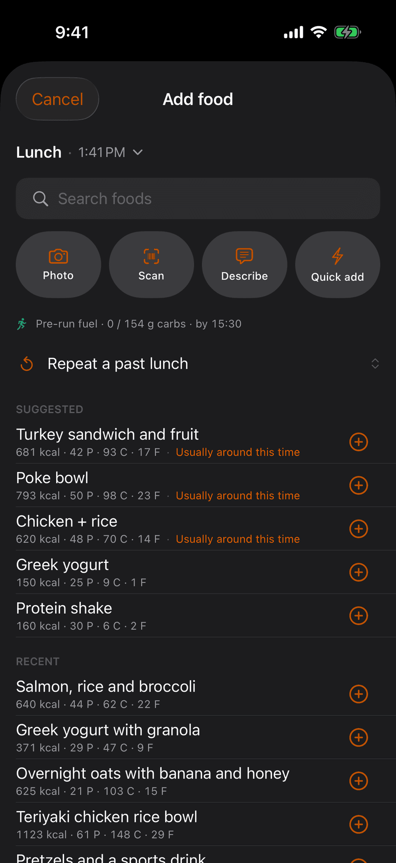 Add food: Photo, Scan, Describe, Quick add; the pre-run fuel line; Suggested and Recent foods with a + on each row.