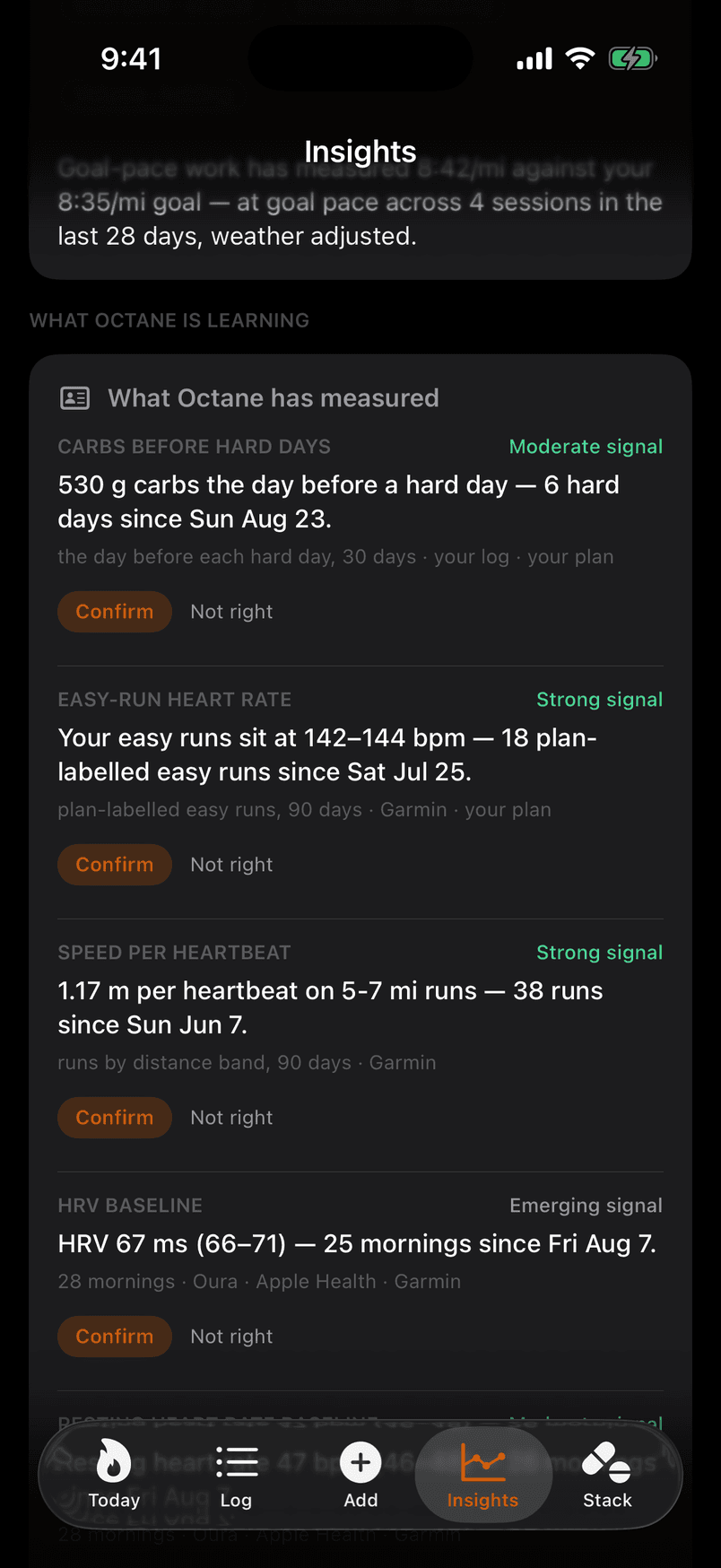 What Octane has measured: carbs before hard days, easy-run heart rate, speed per heartbeat, HRV baseline — each with its confidence word and its count.