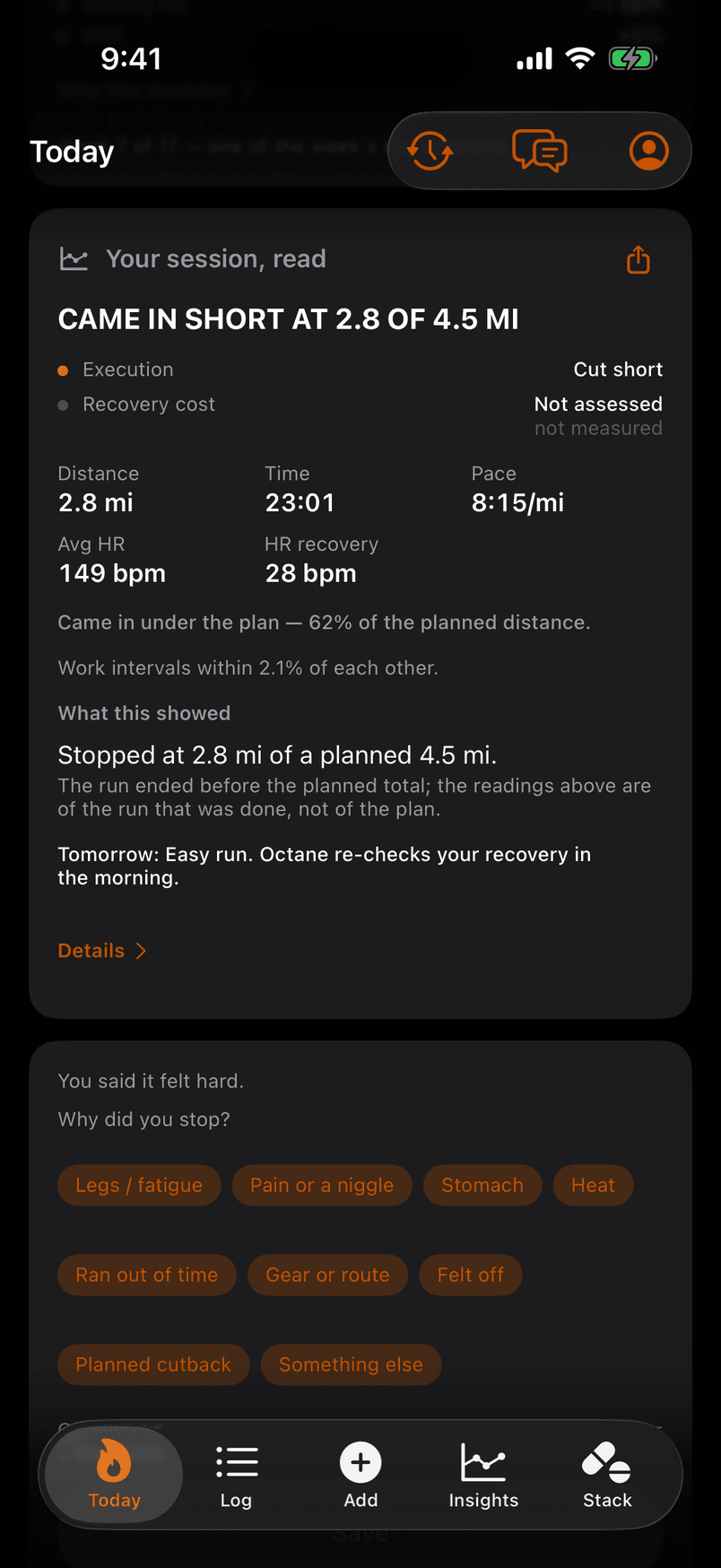 The session read on a run that stopped early: Stopped at 2.8 mi of a planned 4.5 mi.