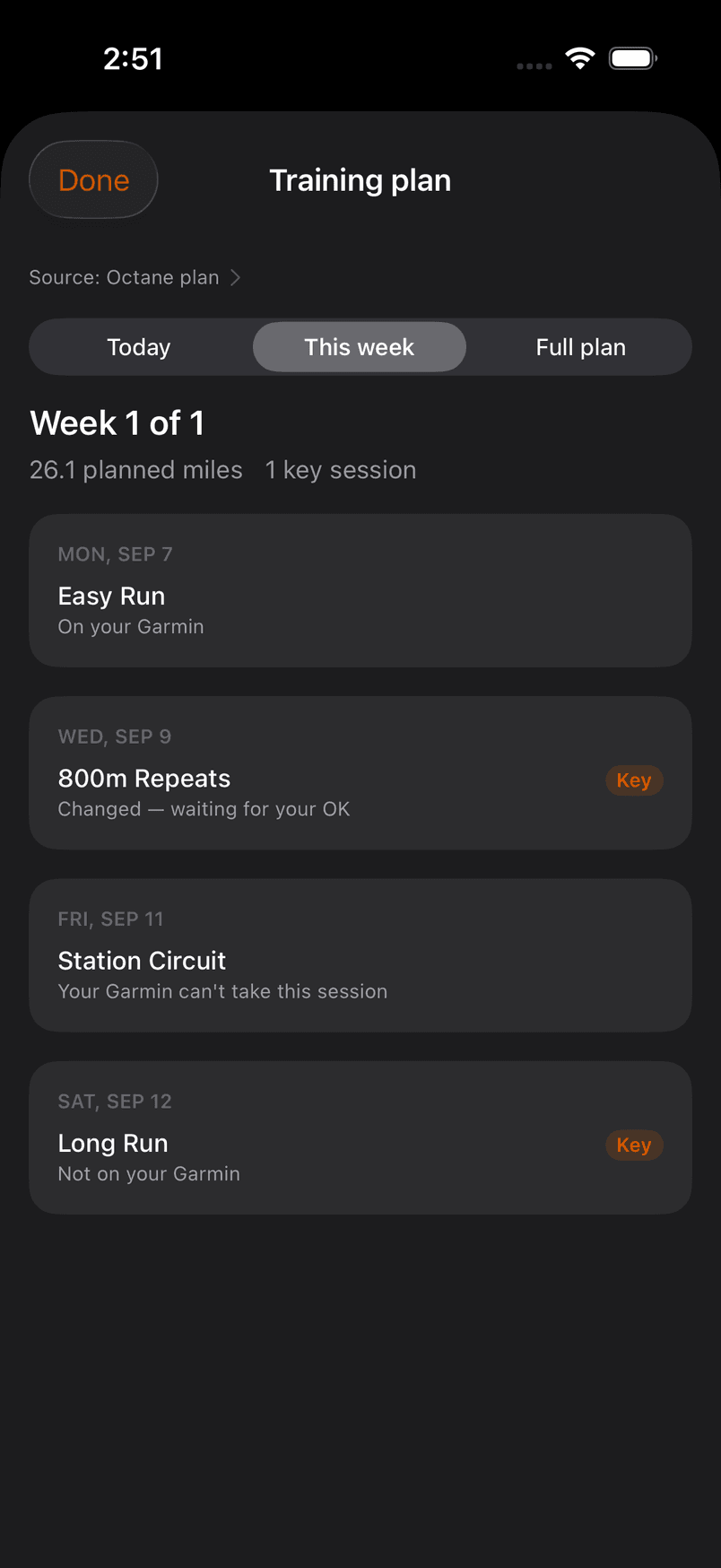 This week's plan with the delivery caption under each Octane session.