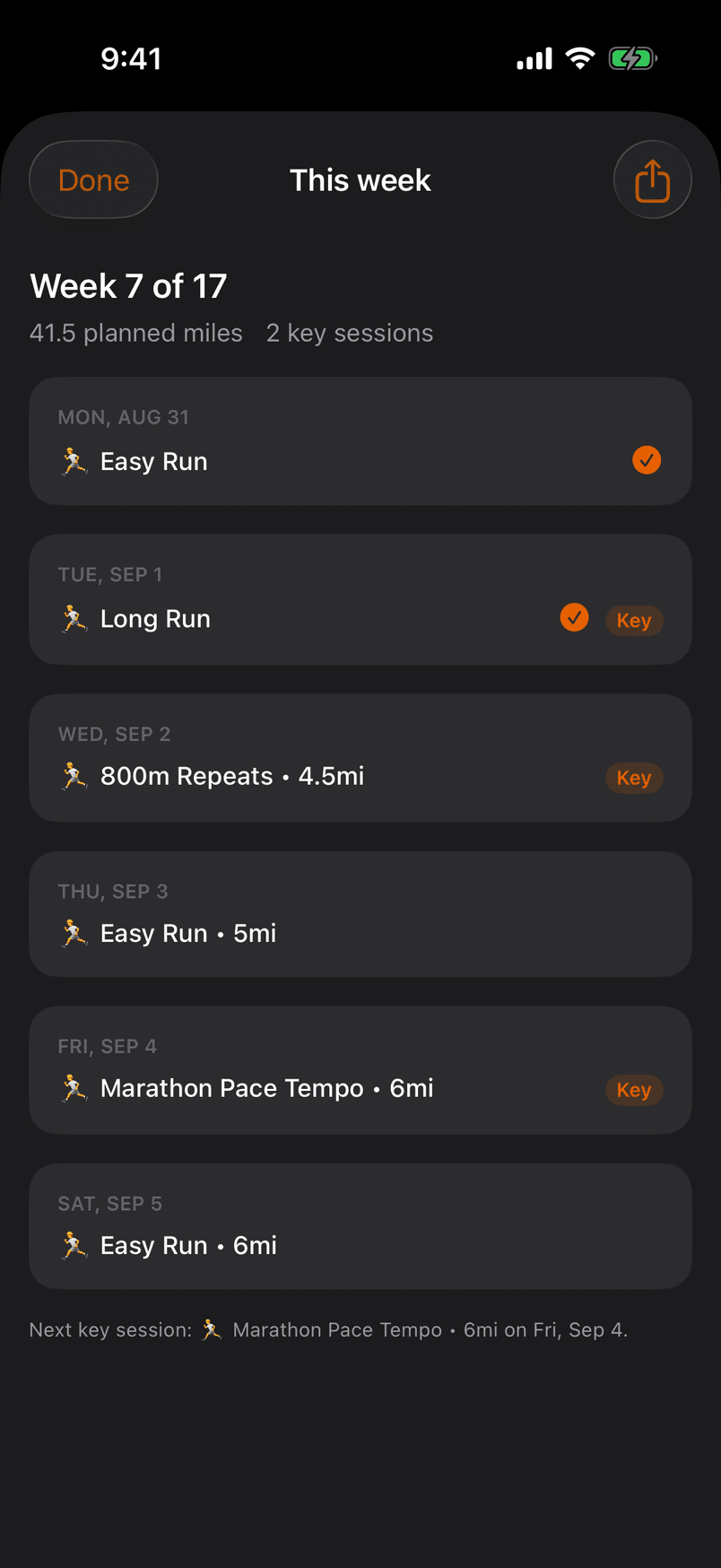 This week's plan, read from Runna: each session with its distance, the key session marked.