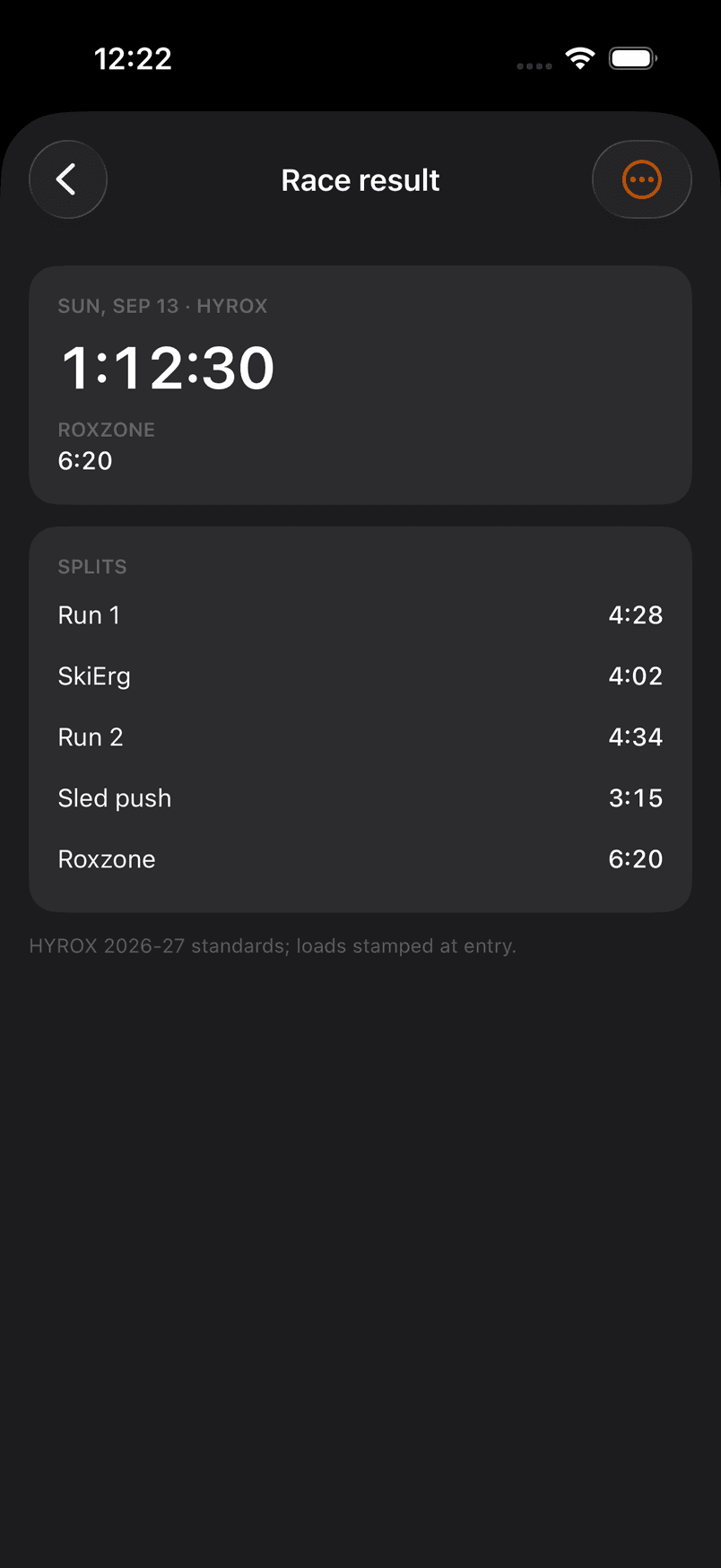 A race on the record: each run and station with its split, and the total.