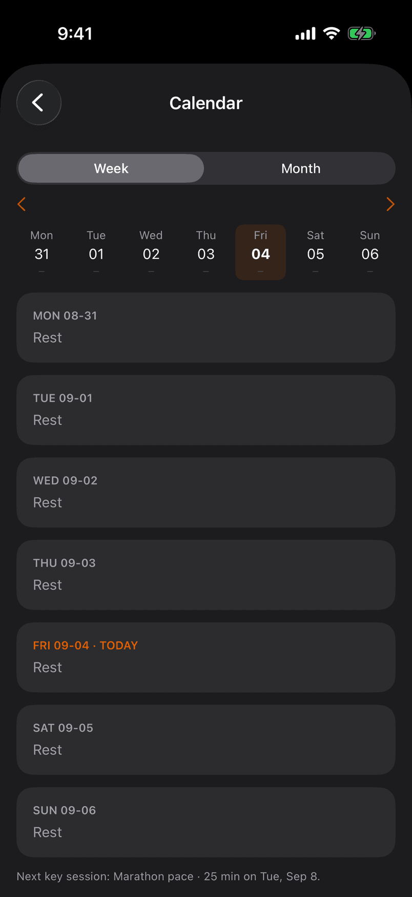 The season's calendar, the week before its first block begins, with the next key session named beneath it.